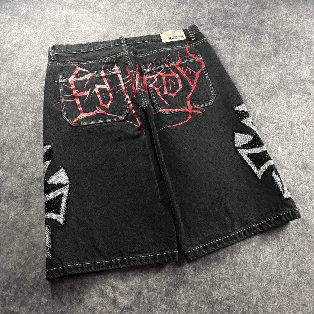 Ed Hardy Men’s 36 Black Crosses Rhinestone Baggy Denim Jorts Y2K